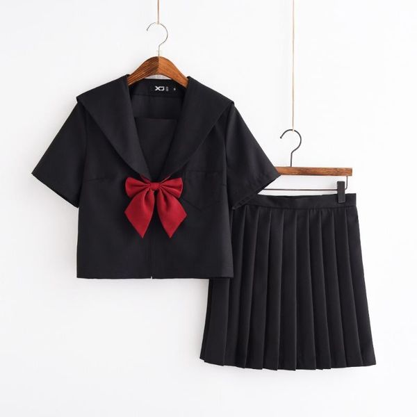 

s-xxl jk student school girls uniforms black short sleeve long sleeve skirt+red bow cosplay sailor uniform, White