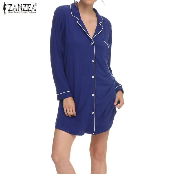

women's sleepwear autumn long sleeve shirt women casual solid zanzea nightie nightgown 2021 pocket buttons mini nightdress oversized 5x, Black;red