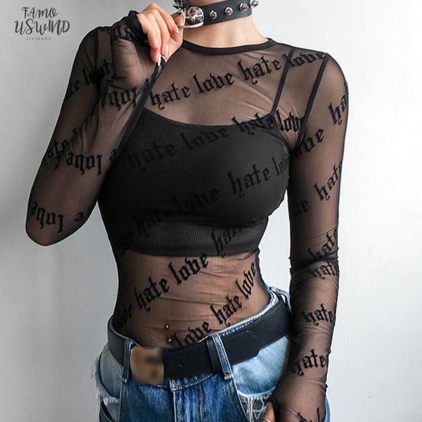 

summer women black t shirt letter printing mesh sheer see through perspective slim long sleeve lot, White