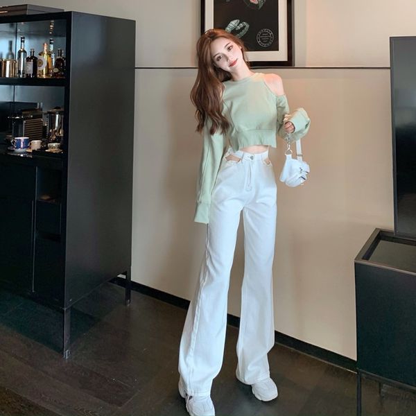 

scheming off-shoulder long-sleeved short sweater design hollow-out mopping jeans early autumn two-piece suit women, Black