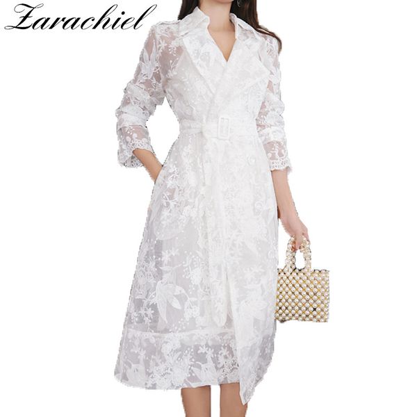 

new lace trench coat for women autumn long sleeve notched collar self belted flower embroidery long cardigans casual trench coat, Tan;black