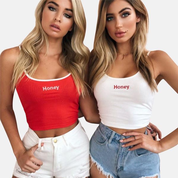 

women crop summer honey letter embroidery letter strap tank cropped feminino ladies elastic shirt vest camisole, White
