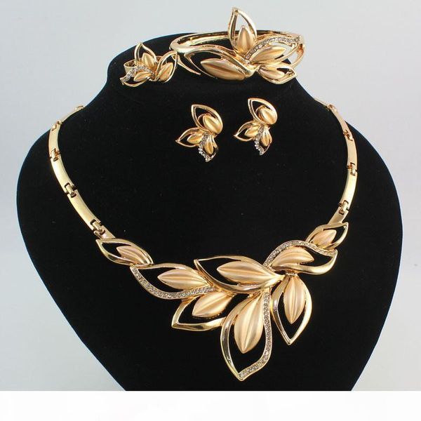 

women amazing charming 18k gold plated crystal african costume jewelry sets nigerian dubai wedding leaves jewelry set, Black