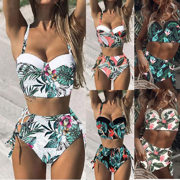 

высокая талия swimwear 2020 новый лист печати бикини женщины купальники в стиле ретро купальный костюм холтер biquini майо de bain femme, White;black