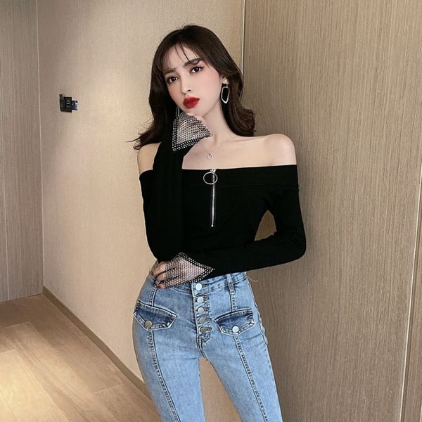 

careful machine off-shoulder t-shirt female 2020 summer slim slimming bottoming shirt off-shoulder zipper long-sleeved shirt, White