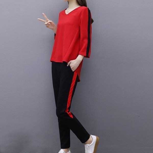 

women tracksuit fashion women splice v neck sport blouse+long pants set loose suit drop shipping, Gray