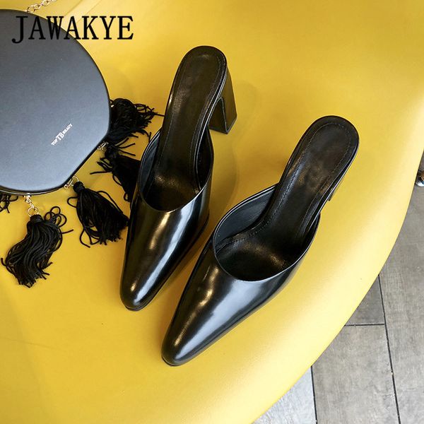 

2019 new arrival white genuine leather square high heel slippers women pointed toe ladies mules outdoor slip on shoes woman cs04, Black