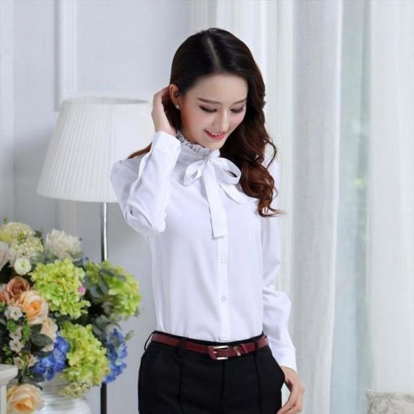 

2020 spring summer womens office lady short formal party lacing long sleeve ruffled neck slim blouse casual solid white shirt