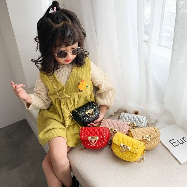 

xby6j children's chain 2019 new korean style baby diamond lattice shoulder messenger personalized rivet shoulder small square bag small, White