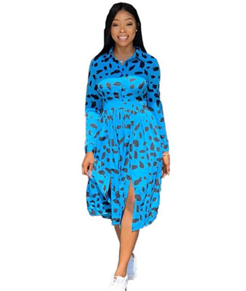 

women blue leopard printing dress fashion trend long sleeve cardigan button loose dress designer female bohemian casual short skirt, Black;gray