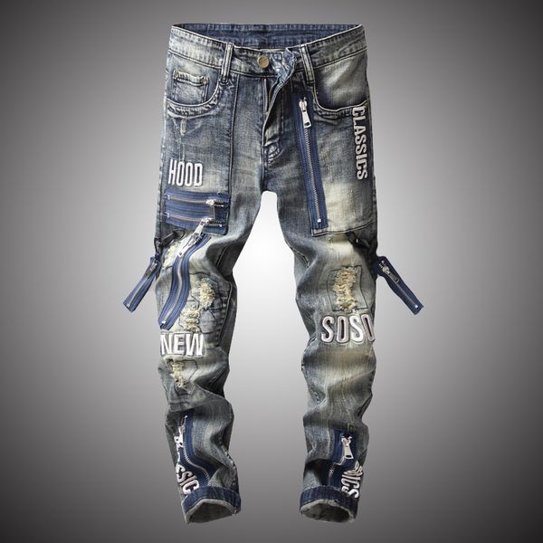 

new fashion vintage moto biker jeans men hip hop streetwear ripped denim pants trousers zipper male slim fit clothes, Blue