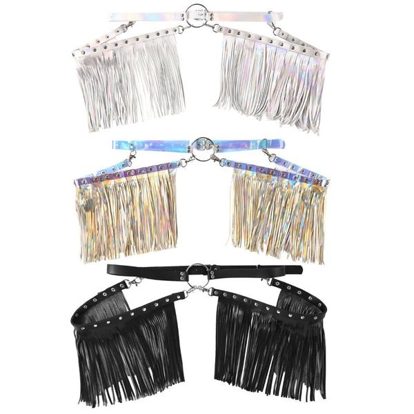 

women's fashion punk gothic rave accessories adjustable faux leather body waist harness belt fringe tassel skirt with metal ring, Black;brown