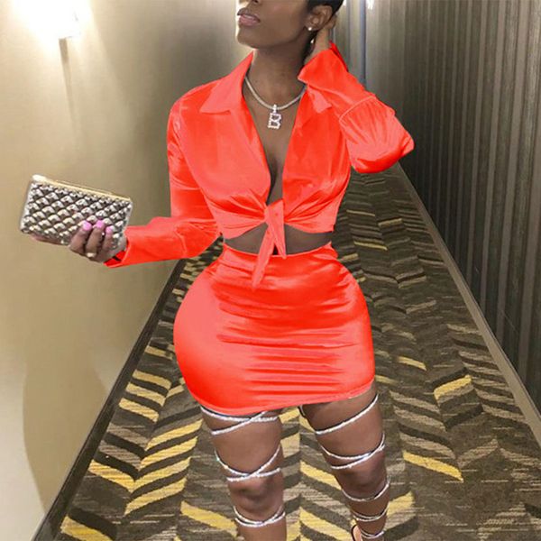 

women solid outfits clubwear long sleeve v-neck shirts open front tie knot crop bodycon mini skirts ladies 2pieces, Gray