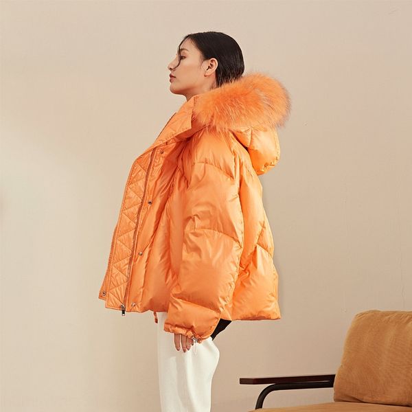 

2019 winter new pengpeng bread short bread down jacket fashion loose orange really big fur collar down jacket for women, Black