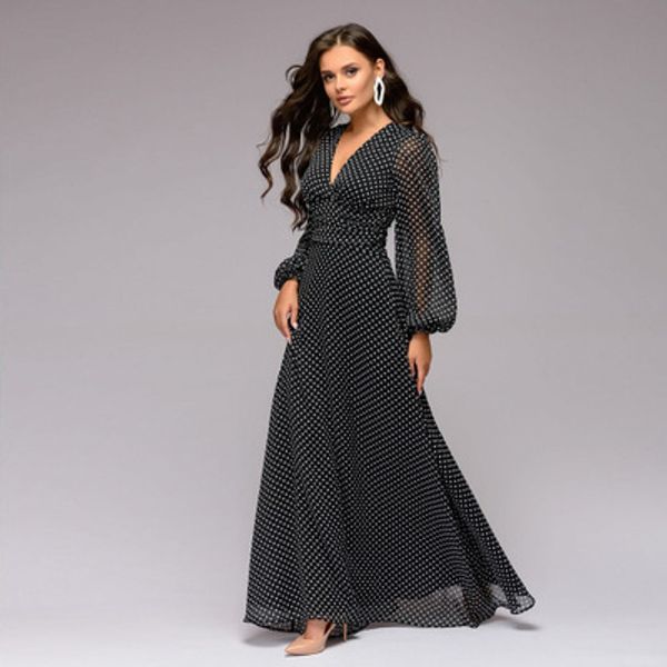 

bohemian retro dot printed women dress deep v-neck long sleeve chiffon long dresses spring autumn plus size vestidos black
