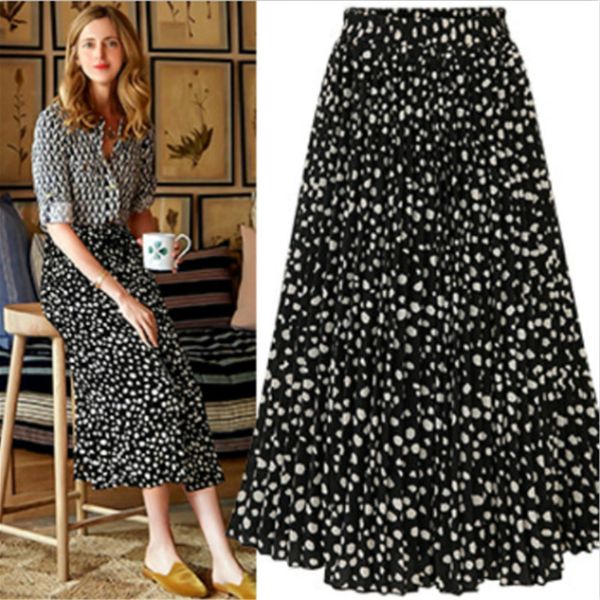 

selling chiffon folding skirt midi printed all-match expansion skirt pencil long women, Black