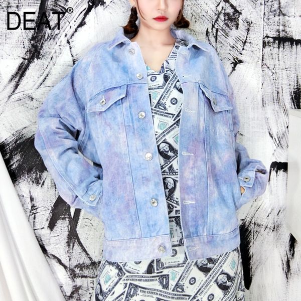 

deat] tie-dye light blue leisure loose fit women's jacket new lapel long sleeve coat fashion tide spring autumn 2020 13t071, Black;brown