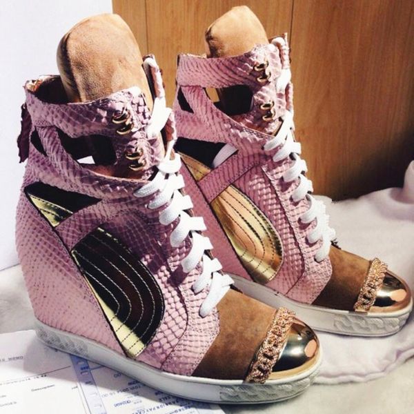 

patchwork height increasining women casual shoes wedges sneakers genuine leather metal toe pink lace up platform shoes women mx200425, Black