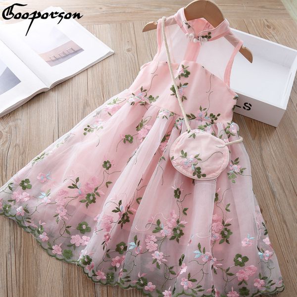 

summer fashion kids dresses for girls flower embroidery sleeveless princess dress with bag birthday party costume vestidos, Red;yellow