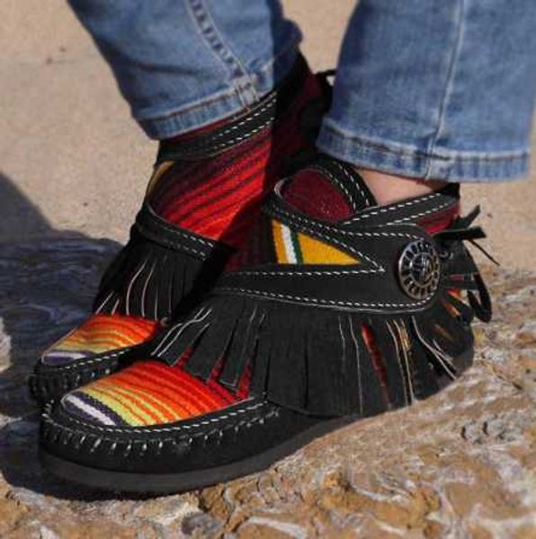 

women tassel stripe ankle boots 2020 women's sewing warm woman flats female shoe ladies casual hook loops footwear plus size 43, Black
