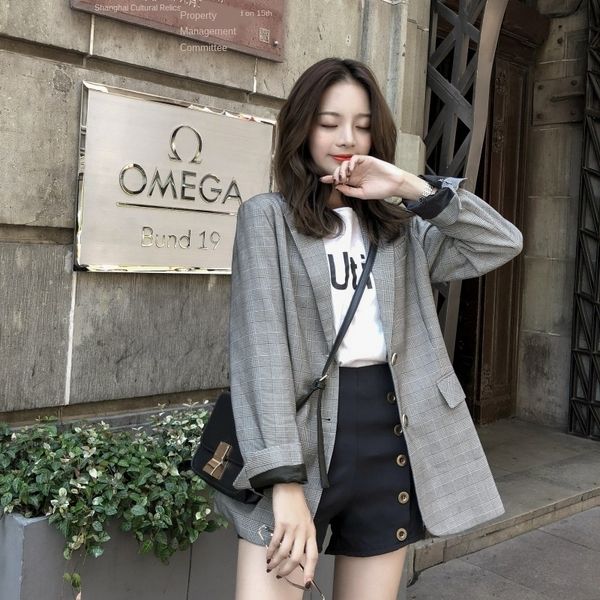 

plaid suit coat women's loose korean style 2020 spring and autumn new british style online red chic small suit fashion, White;black