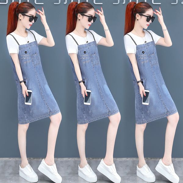 

denim ремешка женской одежда лето 2020 новый suspender юбка платье прямой трубка платье из двух частей юбки похудения, Black;gray