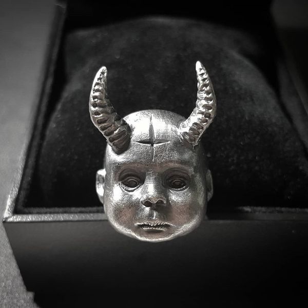 

gothic horned demon baby ring pagan cross satanic devil 316l stainless steel biker rings punk jewelry, Silver