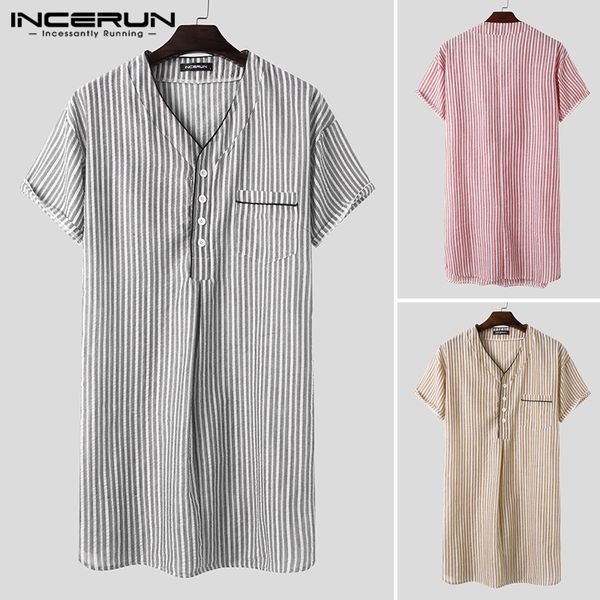 

men's sleepwear leisure striped homewear mens cotton summer short sleeve v neck nightgown breathable night dress shirts incerun s-5xl, Black;brown