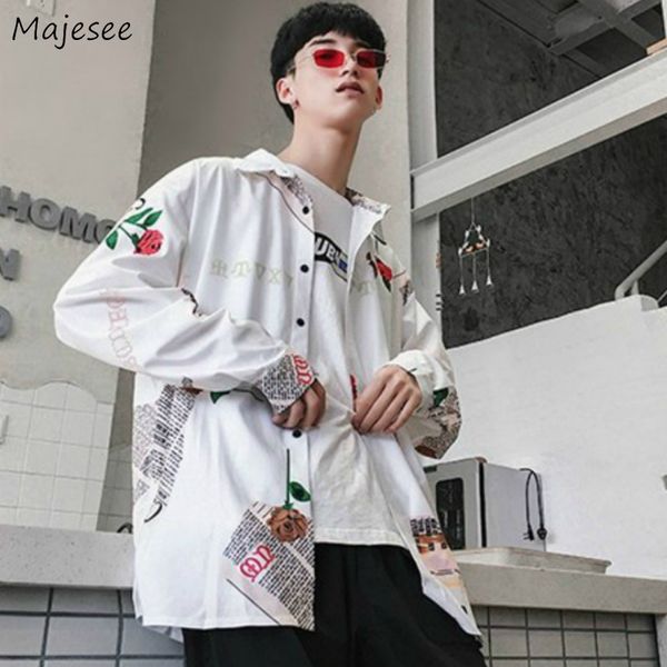

men shirts printed long sleeve plus size 3xl loose korean chic leisure harajuku streetwear colorful teens fashion male outwear, White;black