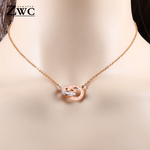 

zwc fashion charm roman digital double circle pendant necklace for women girls party titanium steel rose gold necklaces jewelry, Silver