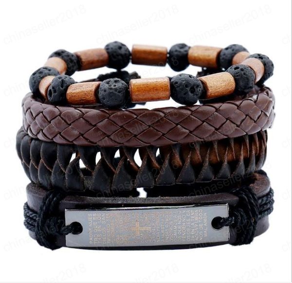 Heißer verkauf männer echtes leder armband DIY PU Vulkangestein Kreuz Schrift geflecht Perlen Kombination anzug Armband 4 stile/1 satz