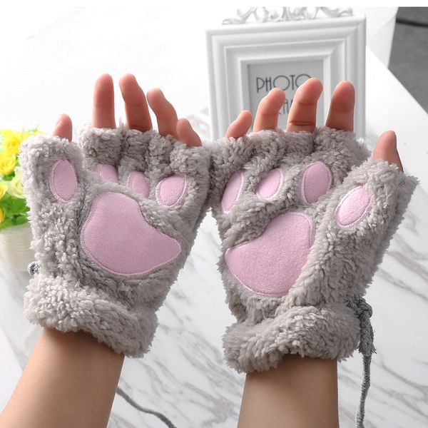 

cute 1 pair warm bear/cat plush paw/claw glove novelty halloween soft toweling half covered women's gloves fingerless mittens, Silver
