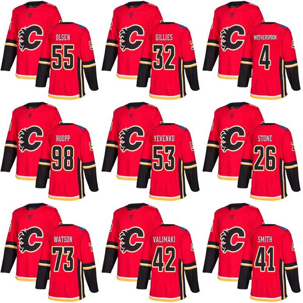 

2018 new supplier home mens 55 dylan olsen tyler wotherspoon 53 oleg yevenko 32 jon gillies 98 sam ruopp calgary flames hockey jerseys, Black;red