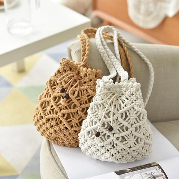 

woven hand-woven shoulder drawstring bucket handbags women casual crossbody beach bags messenger bags