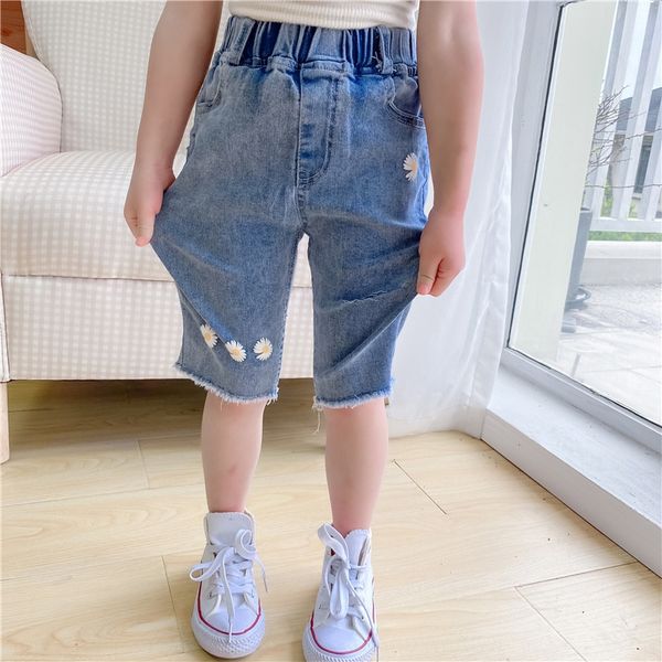 

korean clothing and children's wear jeans 2020 new girls' daisies cut-out water-wash elastic children's jeans pants, Blue