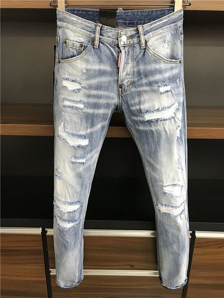 

mens casual straight jeans retro slim skinny jeans fashion designer ripped men hip hop light blue denim pants