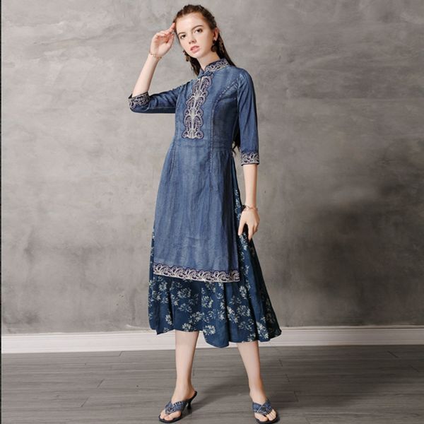 

casual dresses brand 2021 spring cotton and linen stitching denim fashion long retro cheongsam collar embroidery mid-sleeved slim dress, Black;gray