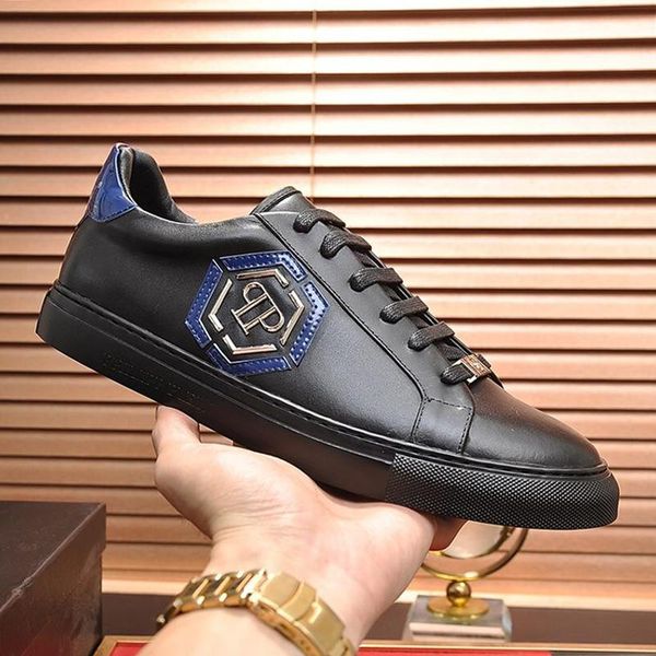

luxury men casual shoes leather with box breathable lo -sneakers hexagon mens shoes casual luxury chaussures pour hommes drop shipping, Black