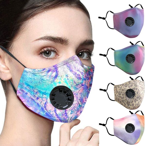 

2020 fashion tie-dye face mask pm2.5 print anti-dust reusable mouth face masks breathable mouth cover carbon filter valve cotton maks