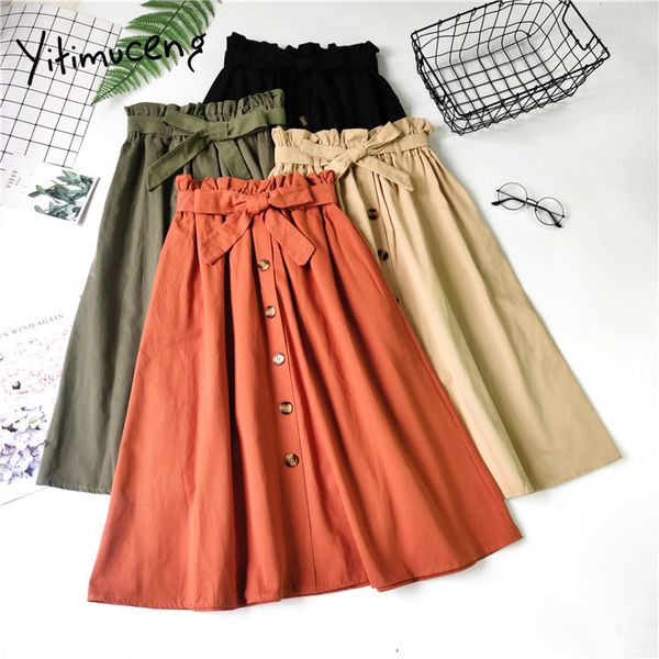 

yitimuceng midi skirt for women 10 color elegant 2020 fashion high waist solid bow empire single breasted skirts womens, Black