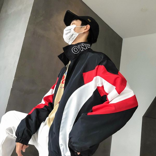 

autumn men's hiphop hiphop fashion brand color matching windbreaker jacket style street dance sports jacket trench coat, Tan;black