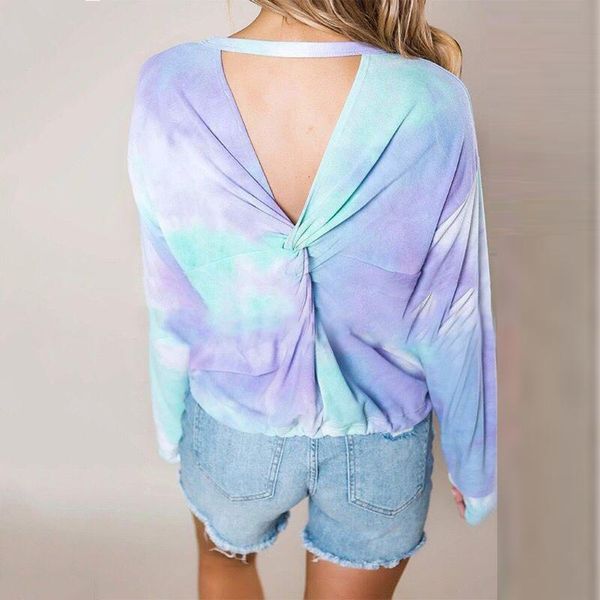 

женщины повседневная tie-краситель блуза backless крест узел рубашка lady crewneck узел с длинным рукавом сыпучего пуловер tops blusas mujer, White