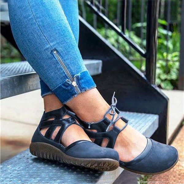 

women pumps low heels girls round toe gladiator sandals casual shoes zapatos mujer chaussure woman vintage pu leather shoec02654, Black