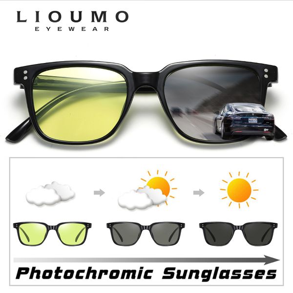 

brand designer pchromic sunglasses men polarized day night vision driving glasses women retro rivets frame zonnebril heren, White;black