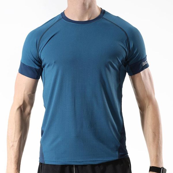 

wosawe men sports short-sleeved t-shirt fitness running training quick-drying breathable high-stretch fitness clothing, Black;blue