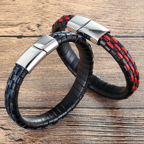 

xqni new design genuine leather wrap hand made men stainless steel leather bracelets sport magnetic buckle male gift jewelry, Red;blue