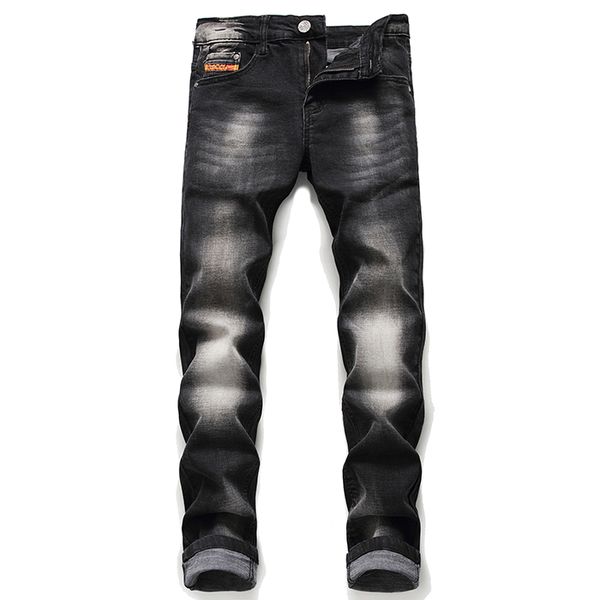 

european men italy brand jeans pants men slim jeans zipper letter straight pants gentleman black hole for, Blue