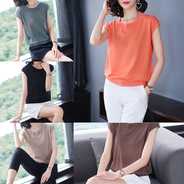 

сплошной цвет футболки моды ice шелковый трикотаж рыхлый лето женщин с короткими рукавами футболки 2020 новый корейский стиль база топ женщи, White