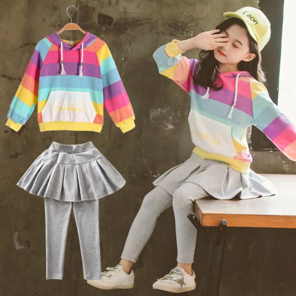 

clothing sets keelorn children autumn teenagers girls colorful striped pullover and pants outfits kids casual costumes suits, White