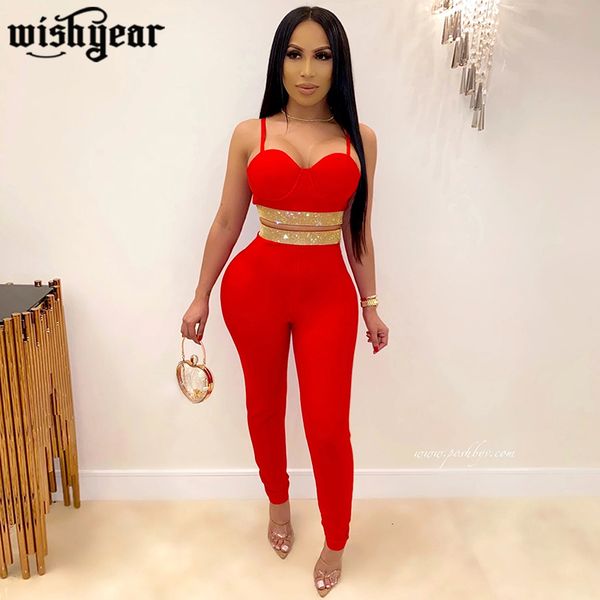 

diamonds women night club tracksuit spaghetti straps crop pencil pants two piece set female skinny outfits plus size, White